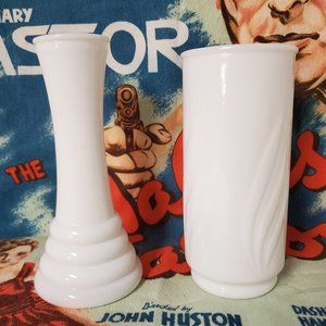 Vintage Vases Lot Of 2 Milk Glass 8" Beehive 7.5" Leafy Design